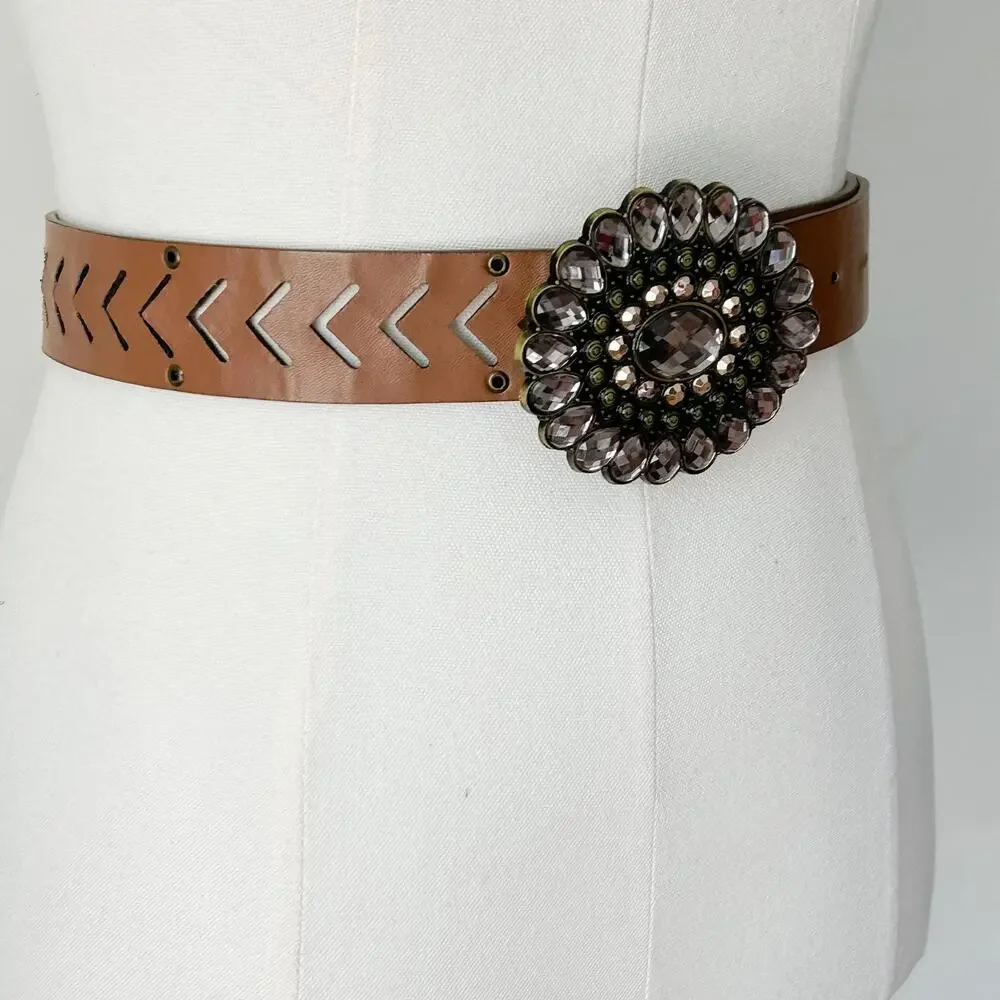 Womens Y2K Brown Faux Suede Statement Belt Size 7 Round Jeweled Buckle Western